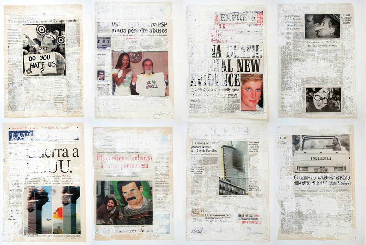 Joao Felino, Essais Dattées, acrylic on newspaper paper, variable dimensions 
according to the original newspaper page format, 1989-        .